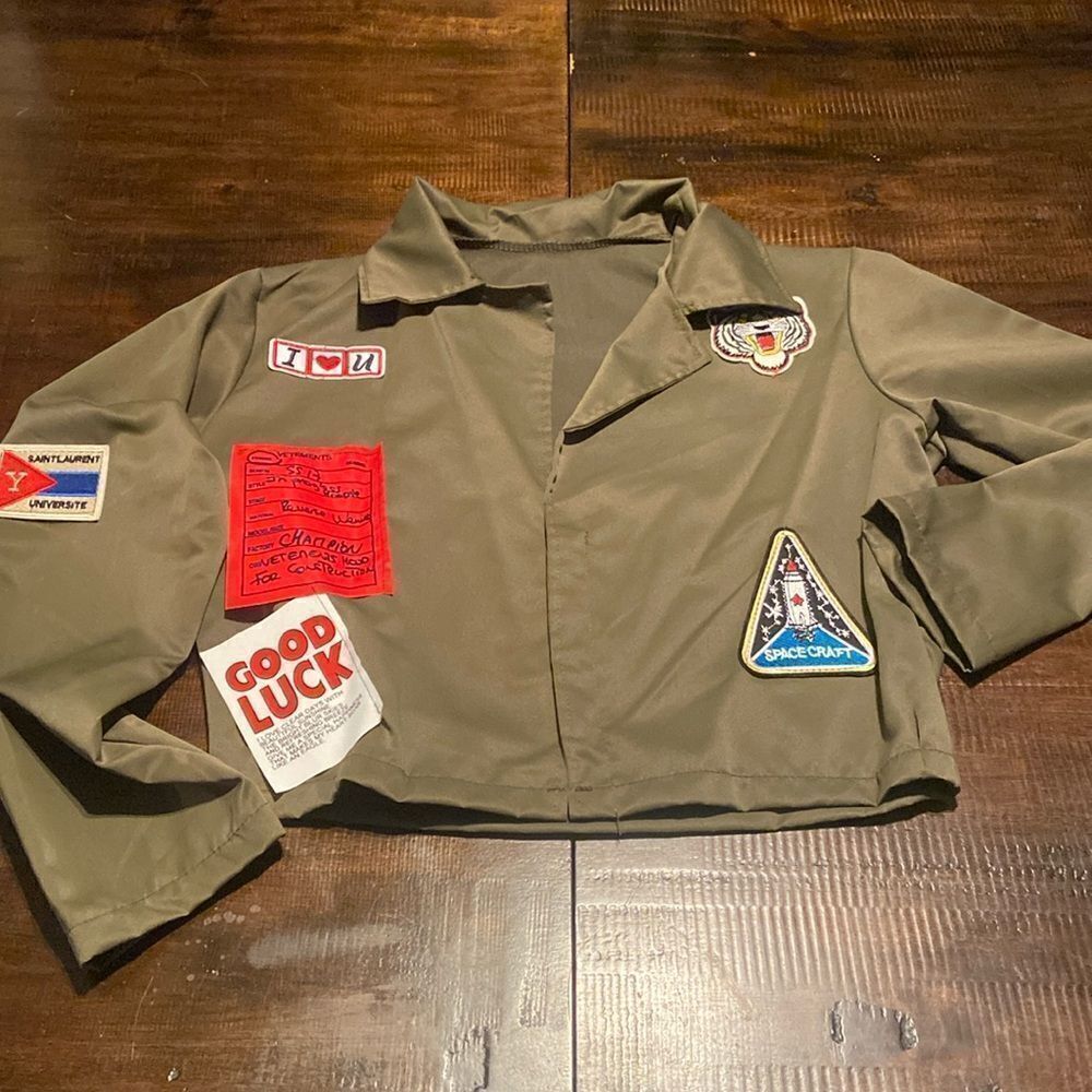 Olive Green Cropped Jacket with Patches Medium